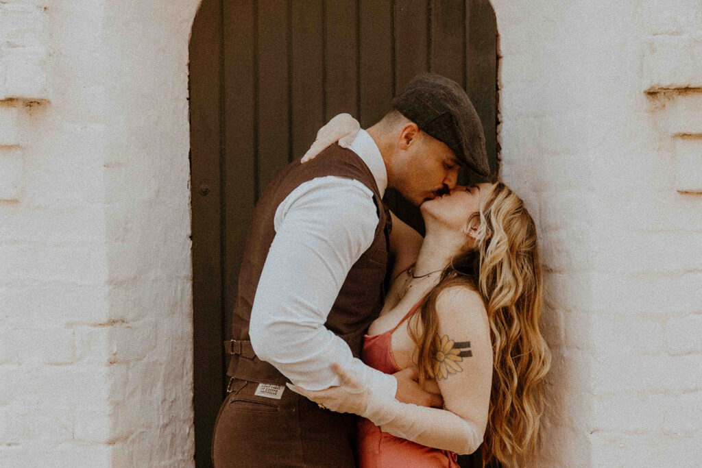 Vintage style photos with trains for a couple engagement photoshoot