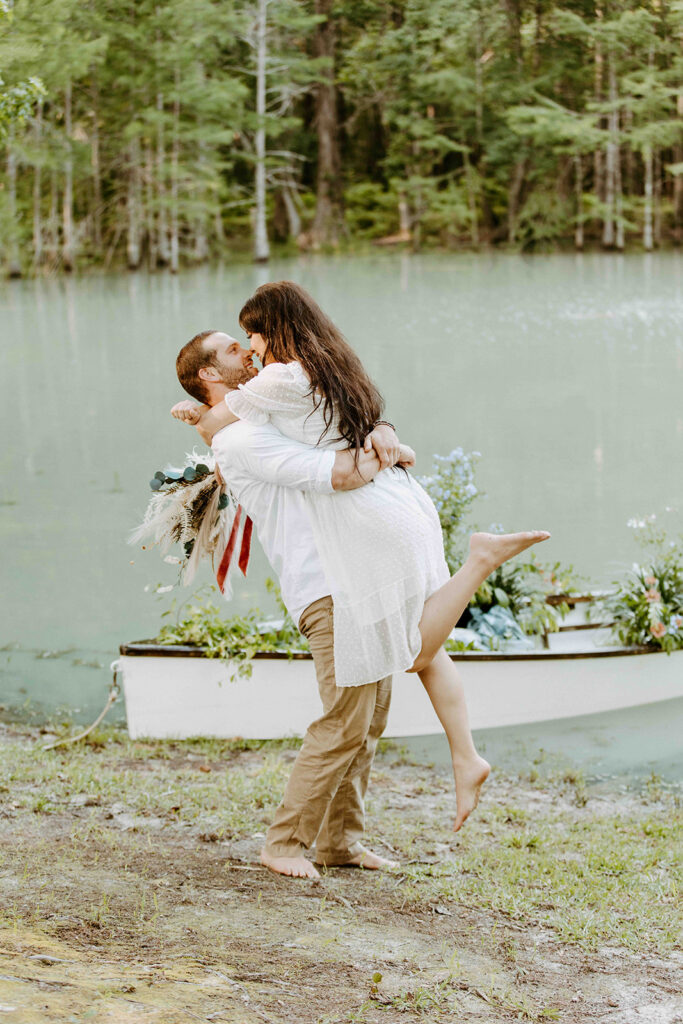 Couple taking a boat ride for their engagement photos