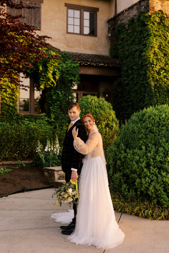 bride and groom hugging during their bridal session