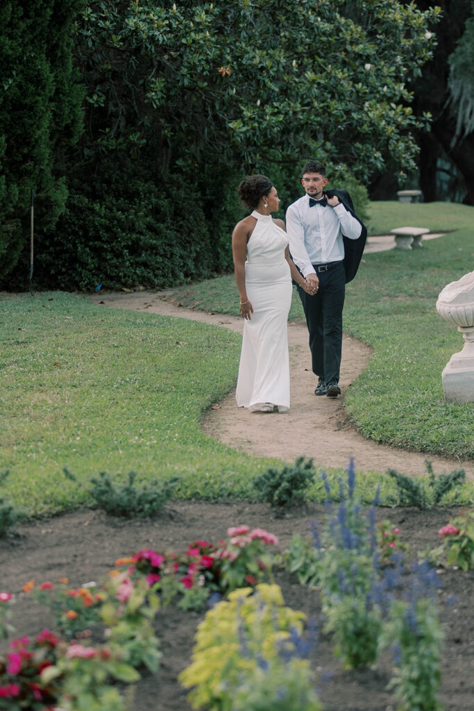 bride and groom walking around their dream wedding venue in SC
