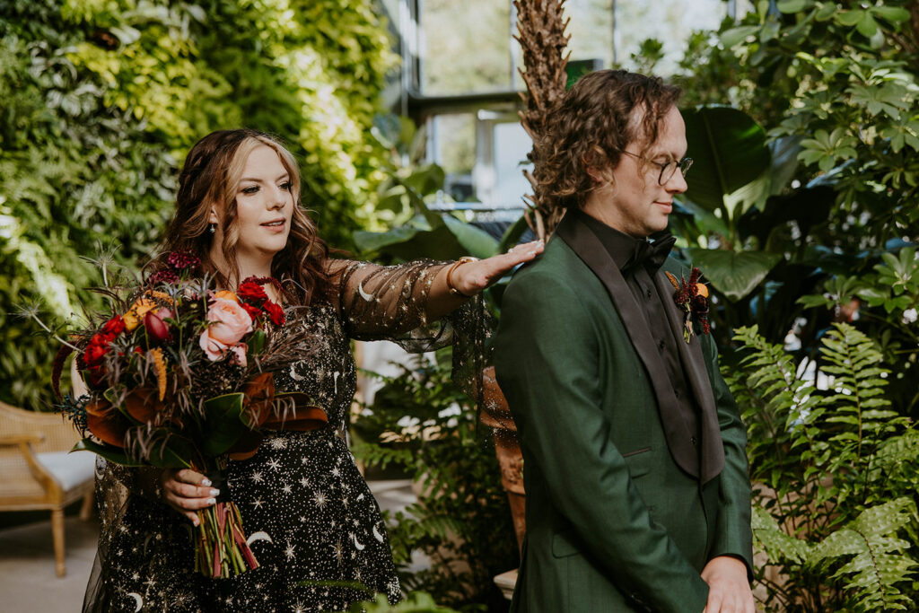 Bride and groom at their first look