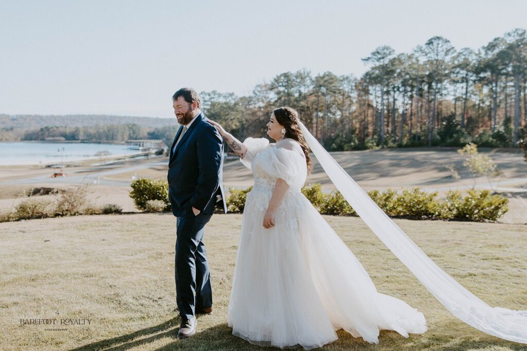 bride and groom at their emotional first look