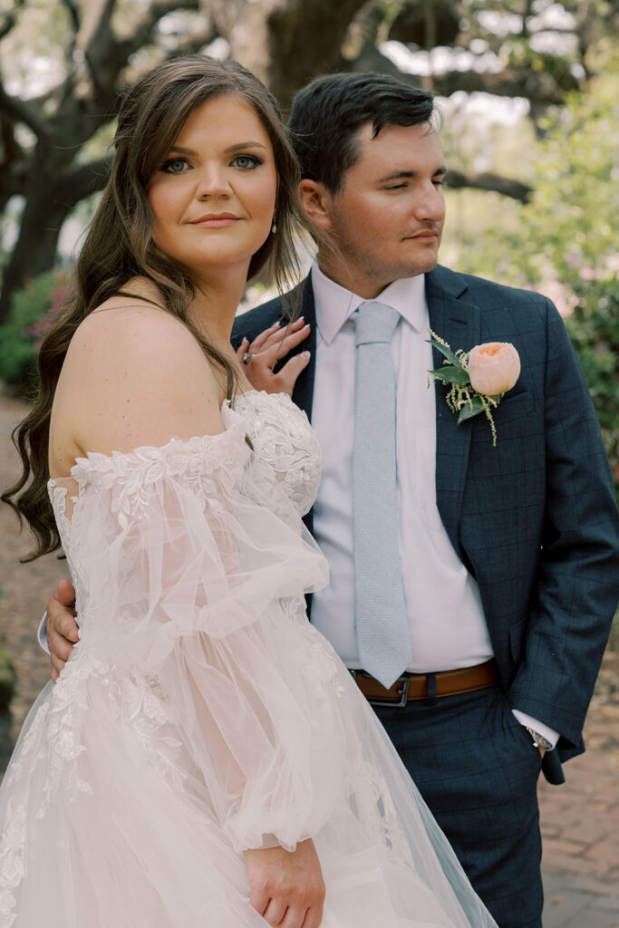 cute picture of the bride and groom hugging