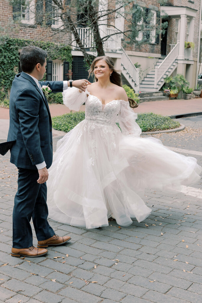 Picture of the bride and groom, smiling at each other