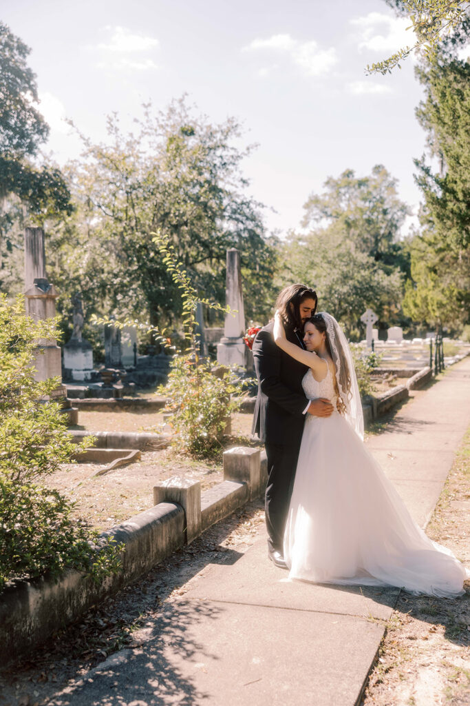 Bride and groom, hugging during their bridal portraits in Georgia