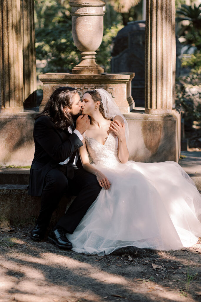 Beautiful picture of the bride and groom, kissing