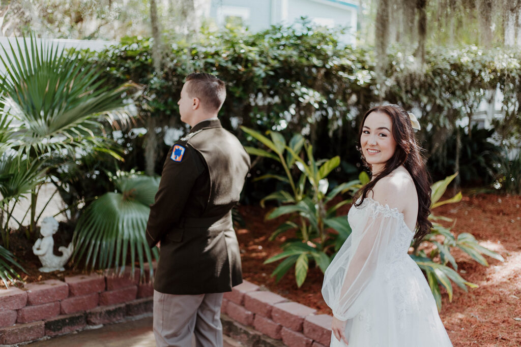 Bride and groom at their first look