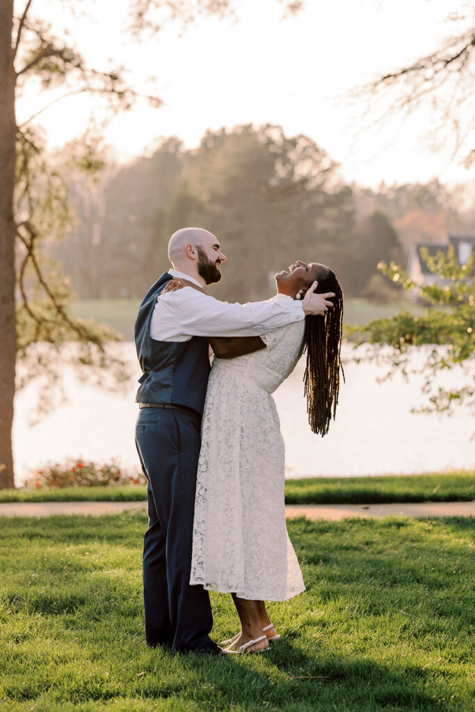 Portrait of an newly engaged, couple, laughing with each other