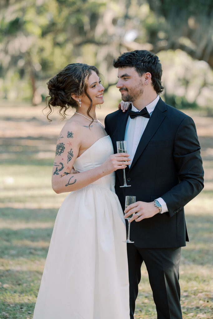 newlyweds celebrating with champagne