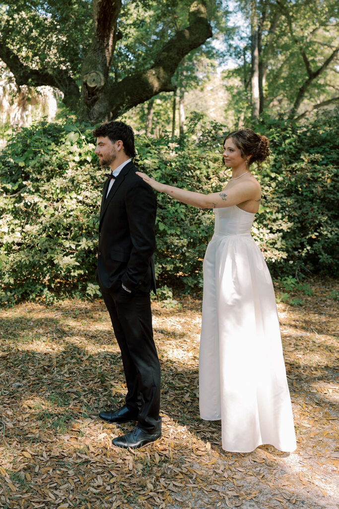 bride and groom at their first look