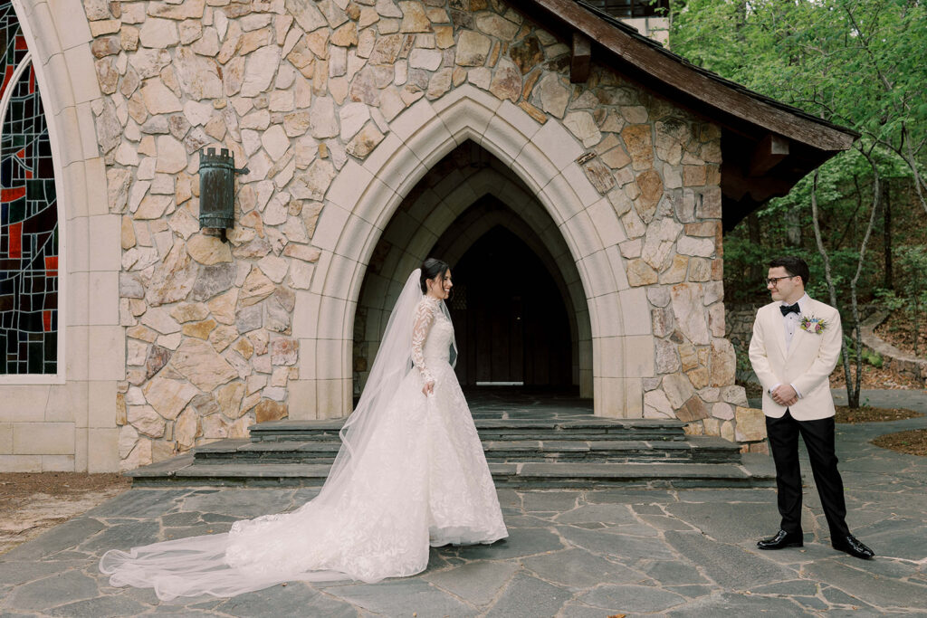 bride and groom at their first look