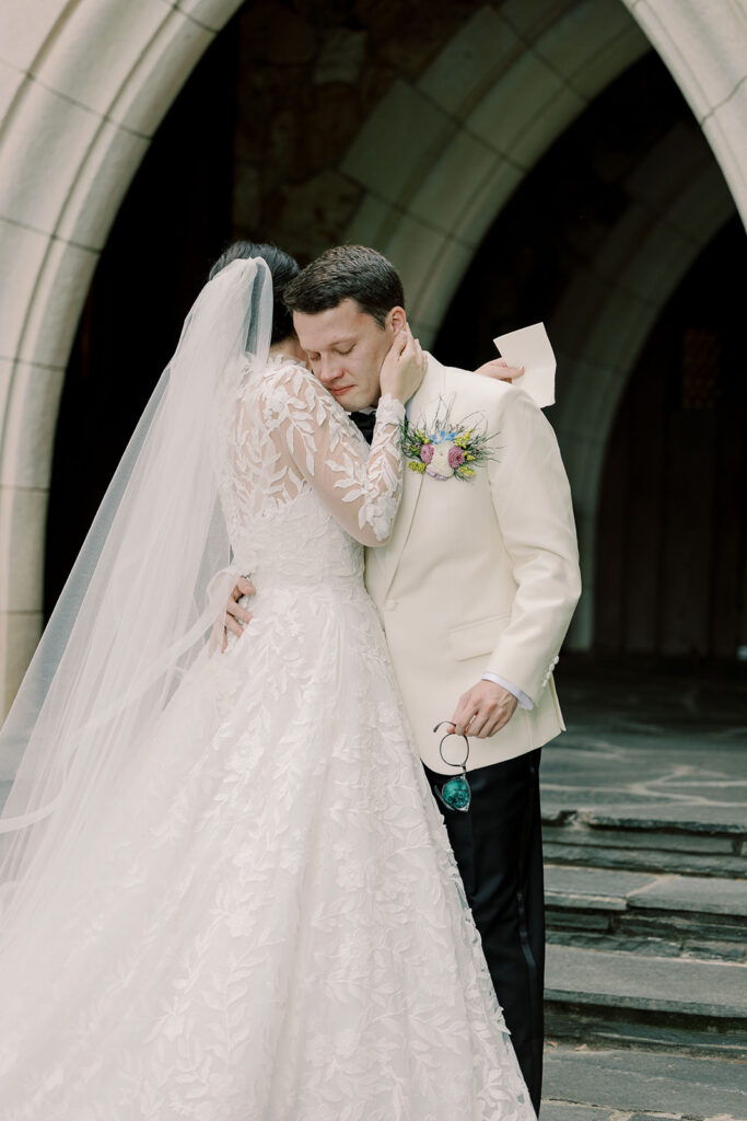 bride and groom emotional during their first look