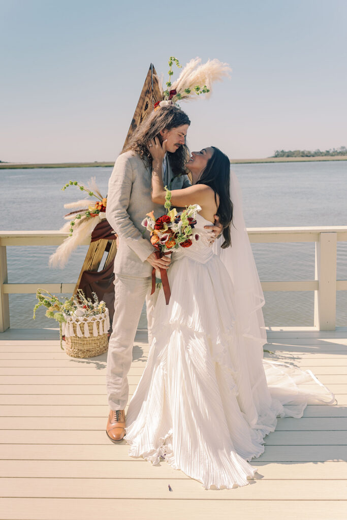 cute picture of the newlyweds smiling at each other