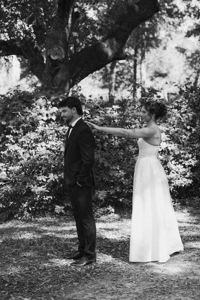 bride and groom at their first look