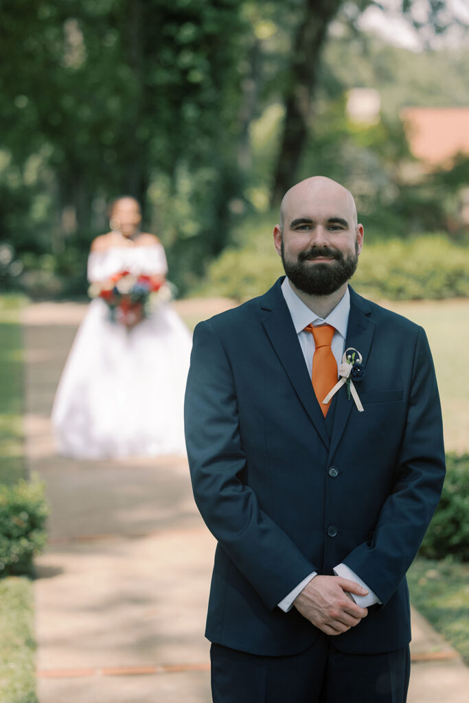 bride and groom at their first look